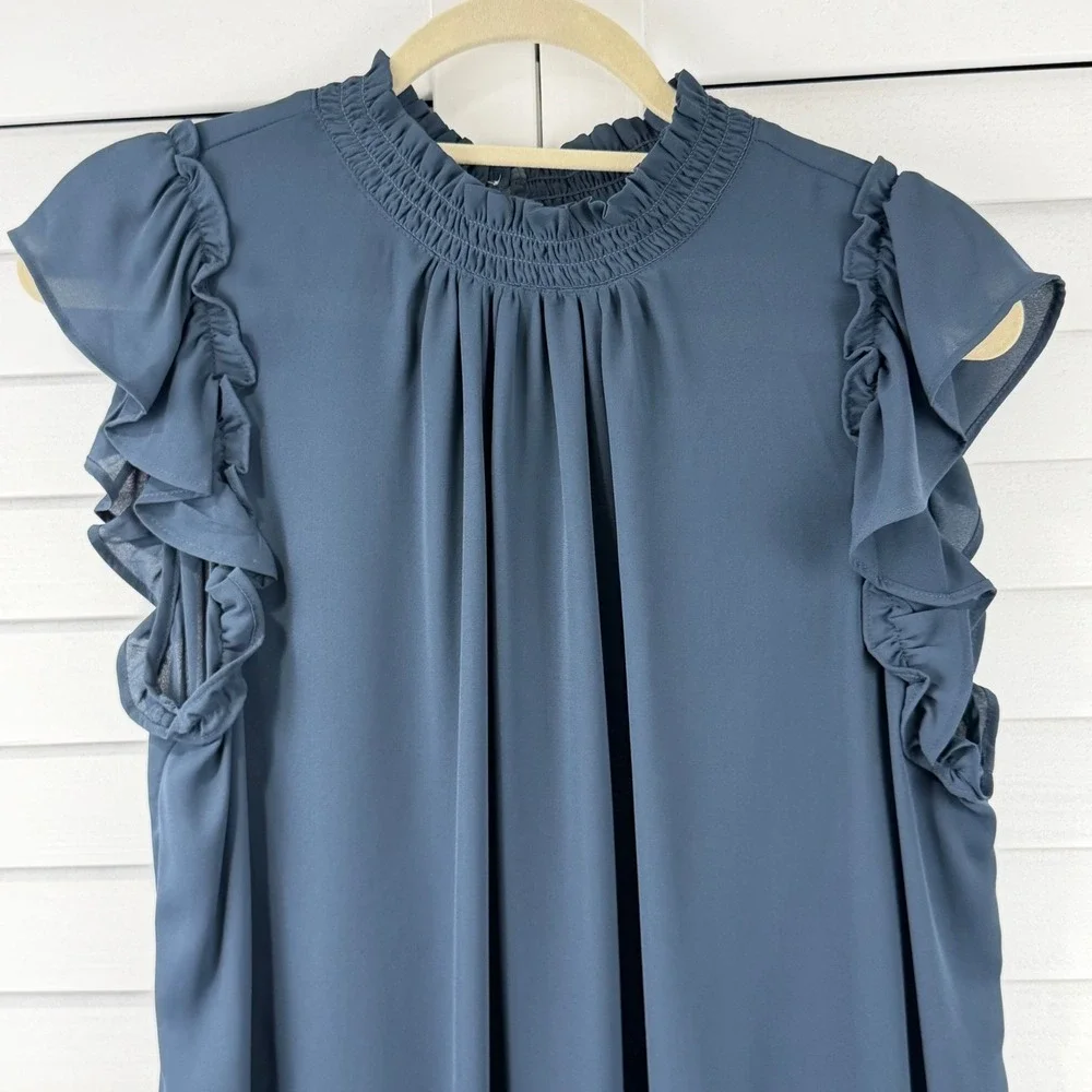 LOFT Outlet Blouse XL Blue Smocked‎ Mock Neck Ruffle Sleeve